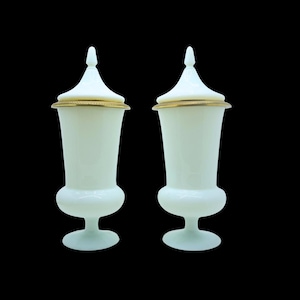 Vintage White Opaline Glass RUPEL BOOM Lidded Vases, Pair of Belgian Opaline Art Glass Decorative Centrepieces w/ Covers