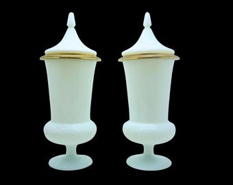 Vintage White Opaline Glass RUPEL BOOM Lidded Vases, Pair of Belgian Opaline Art Glass Decorative Centrepieces w/ Covers