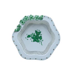 Vintage Herend Hungary Hand Painted &quot;Chinese Bouquet&quot; Green 6&quot; Open Weave Basket Bowl Just Beautiful Ring Dish