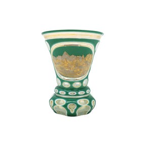 Rare Bohemian Green Cut-to-Clear Art Glass Vase – “Bad Schmecks” Gilded Landscape Scene