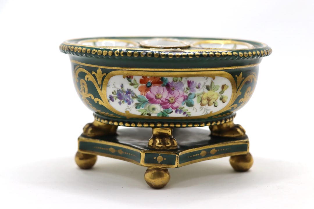 Antique French Sevres Inkwell, Hand Painted Floral Green Porcelain ...