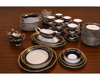 Vintage Weimar Katharina Cobalt Blue Dinner Set German Porcelain 86pcs