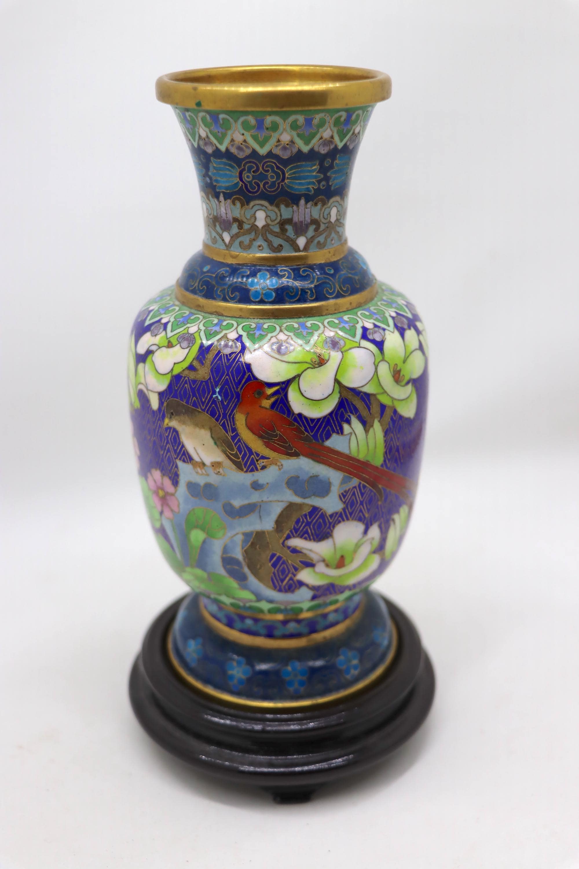 Vintage Chinese Cloisonne Vase Blue & Multi Coloured Enamel Inlay