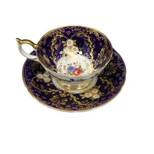 Vintage &quot;Royalty&quot; 7687 Cobalt Blue Gold Florals Bone China Teacup and Saucer, Aynsley, England