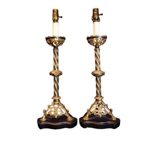 Large Antique Vintage Victorian Church Alter Candlesticks Table Lamps, Gothic revival style