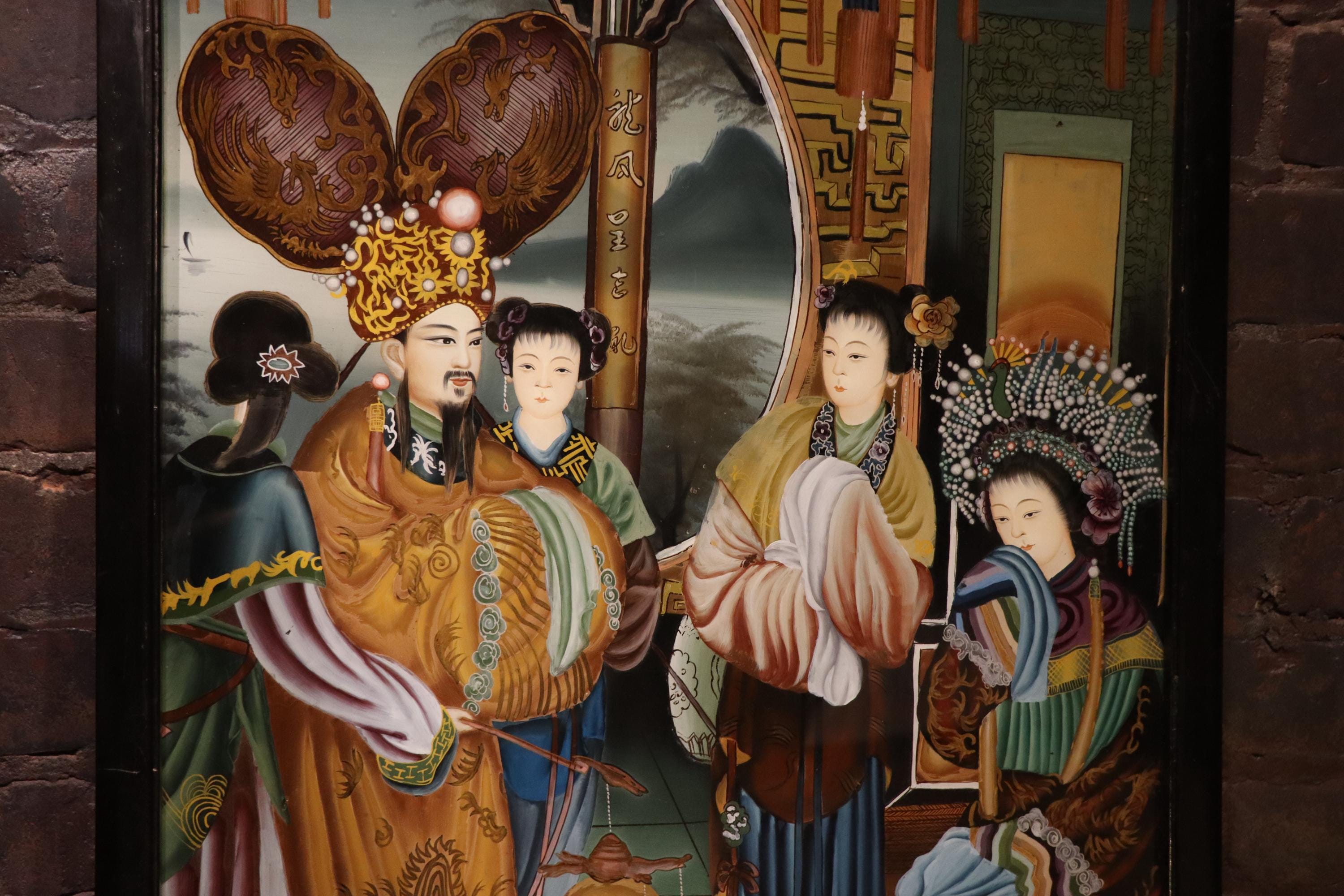 ガラス絵 美人画 中国 アンティーク ガラス絵 硝子絵 浮世絵 錦絵 美人