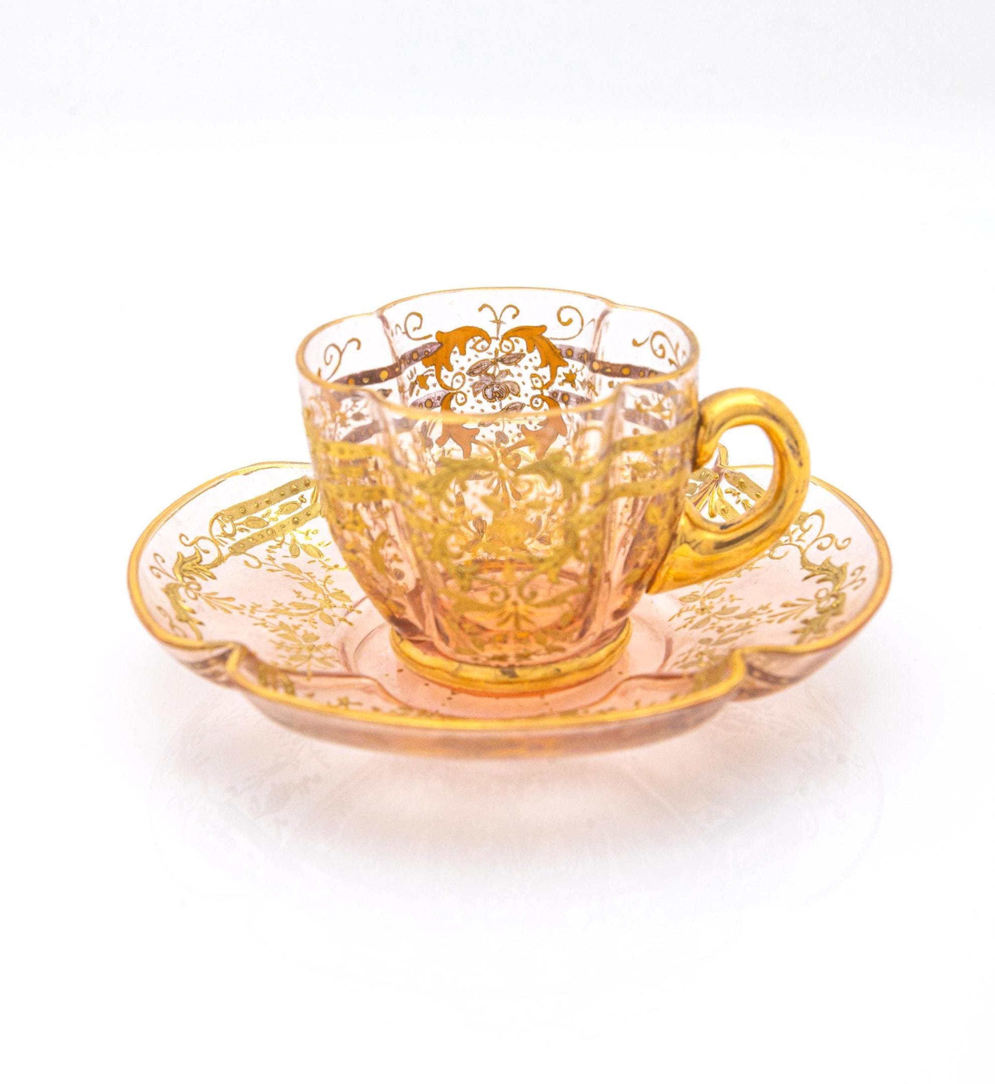 Antique Moser Raised Gold Art glass demitasse tea cup & saucer