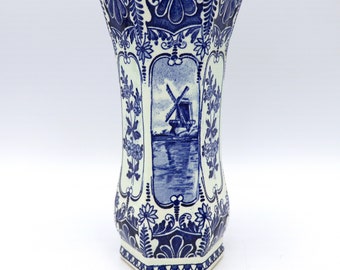 Vintage White & Blue Delft Porcelain Octagonal Vase, Floral design, Signed Deflt