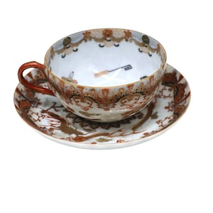 Antique Japanese Kutani Dragonware Teacup and Saucer Refined Hand Painted Porcelain Exquisite Pottery Signed by Artist, Meiji Period