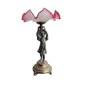 Antique Silver Plated Girl Figural Centerpiece Card Holder, Candy Dish Ruby Bubbled Art Glass Ruffled Brides Basket