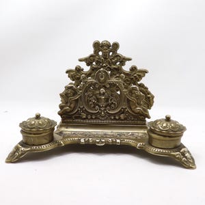Vintage Italian Ornate Brass Art Nouveau Cherub Double Desk Caddy Ink Well Letter Holder