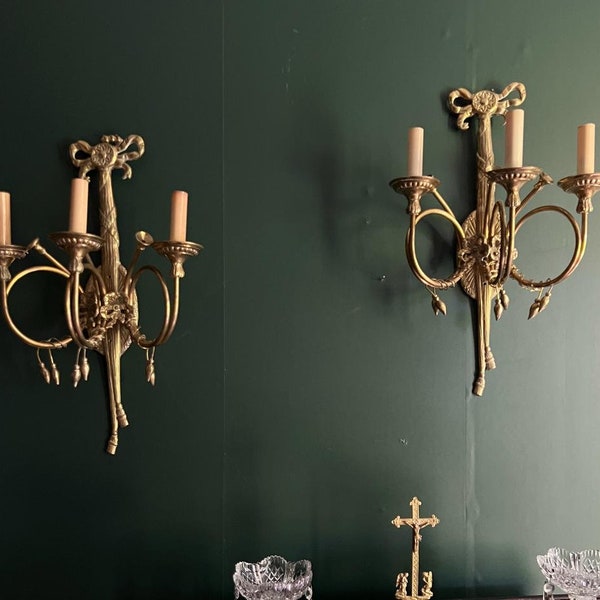 Pair of Regency Style Bugle Ribbon Design Brass Sconces Candelabras