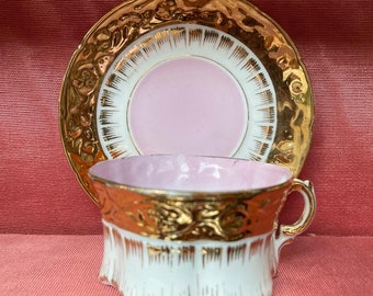 Antique Victorian Collectible Gold Gilded Pink Porcelain Cup and Saucer