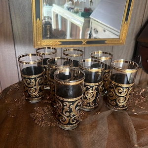 Set Of 9 Culver Black Gold Highball Glasses Vintage Barware Mid Century Hollywood Regency Elegant Scroll Design Cocktail Tumblers Decoration