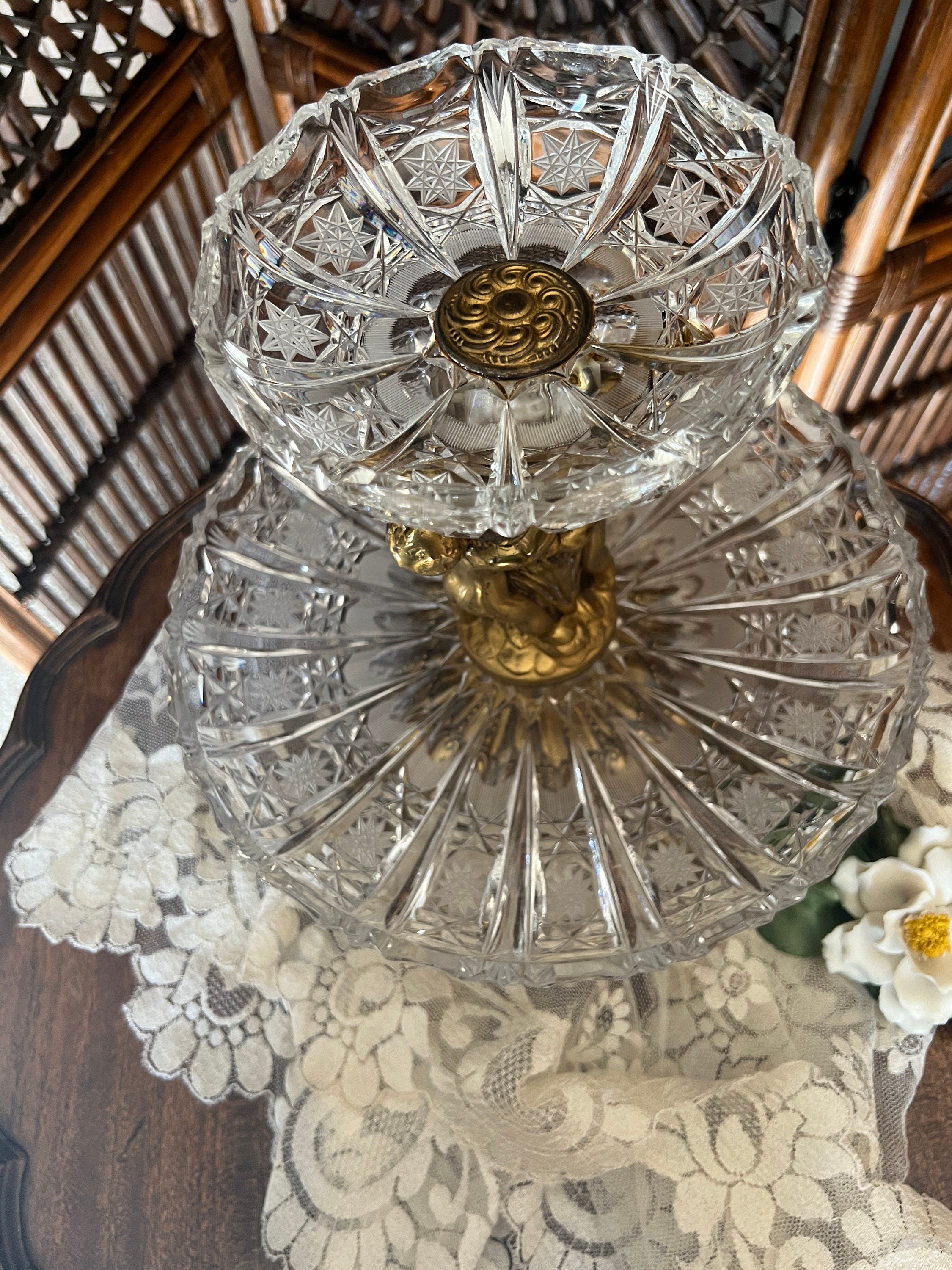 Brass Cherub Heavy Crystal Compote Centerpiece Pedestal Dish Etsy