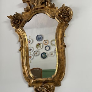 Antique Italian Giltwood Wall Mirror Floral Carved Ribbon Crest Oval Mirror Rococo Style Elegant Accent Vintage Gold Leaf Hanging Mirror