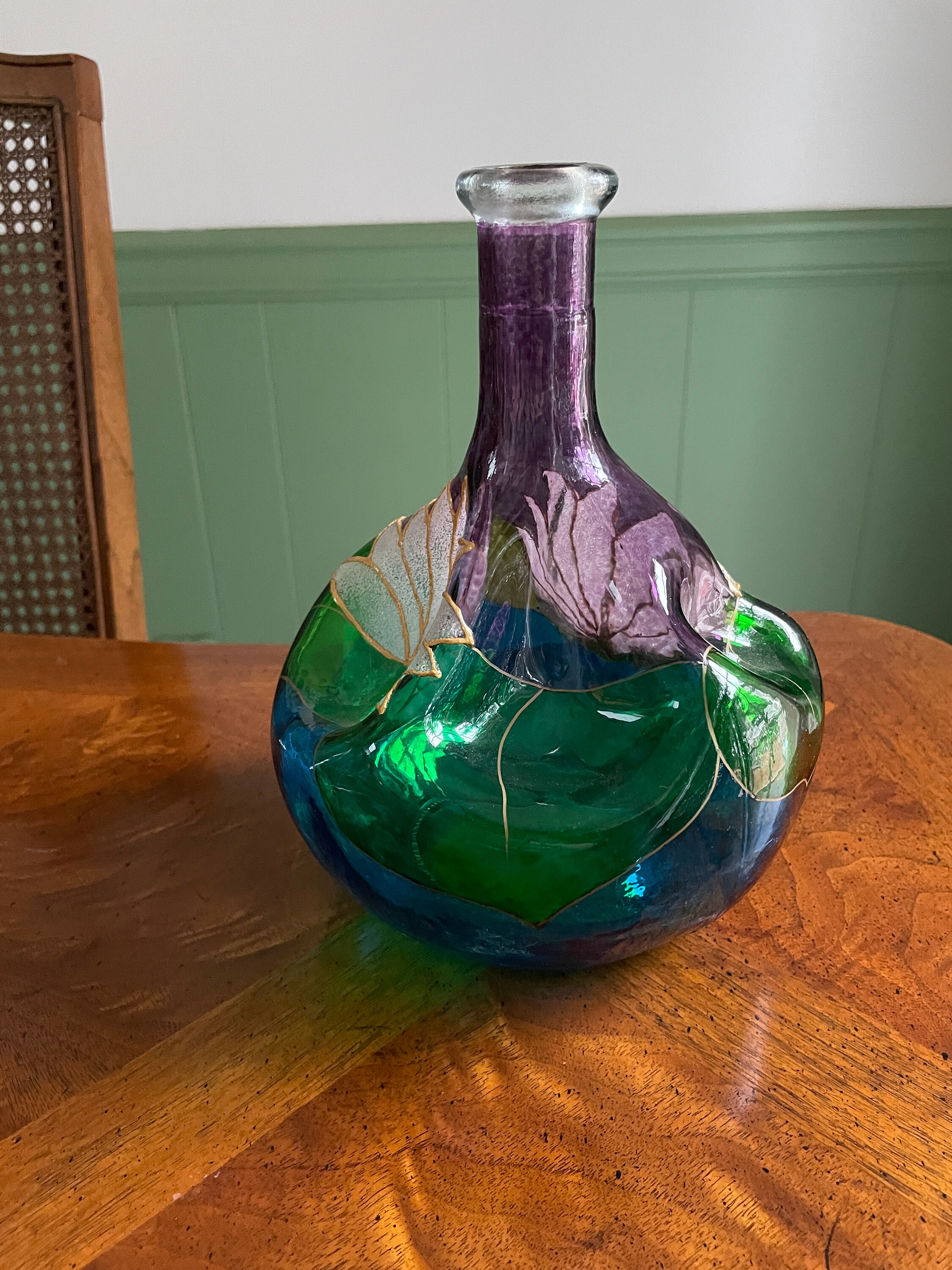 ヴィンテージ手吹きガラス花瓶 手描き花柄ゴールドディテール ミッド