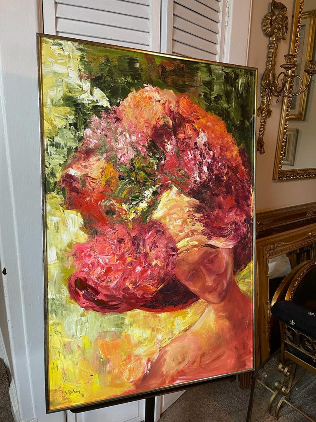 Original Abstract Oil Painting Woman in Floral Hat Signed Colorful ...