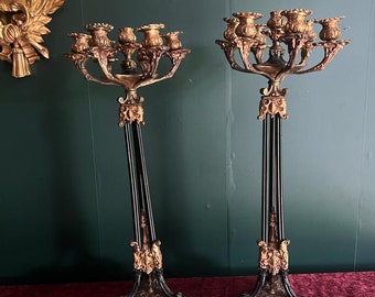 Pair of Large French Neoclassical Bronze and Metal Seven-Light Candelabra Candlesticks