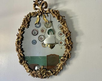 Antique French Rococo Oval Mirror Gilt Floral Frame Ribbon Crest Gold Wall Decoration Statement Piece Baroque Style Accent Home Design