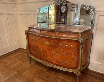 French Louis XV Style Marble Top Green Gold Paint Decorated Commode Marquetry Ormolu Bronze Bombe Chest Rococo Style Elegant Home Furniture