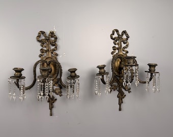 Pair Vintage Louis XVI Revival Brass Wall Sconces with Crystal Prisms, Ribbon Bow Decor