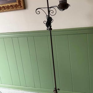 Antique Wrought Iron Floor Lamp White Milk Glass Shade Ornate Scroll Base Vintage Lighting Collectible Adjustable Lamp Victorian Style