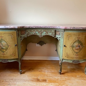 Antique French Provincial Console Vanity Table Hand Painted Rococo Pink MarbleTop Floral Carved Cabinet Green Gold Luxurious UniqueFurniture