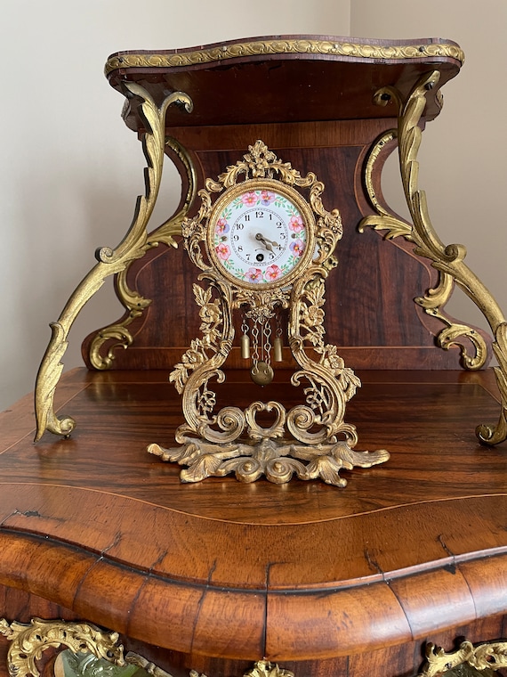 Antique German Mantel Clock Brass Floral Frame Working Pendulum
