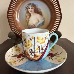 Vintage Hand Painted Demitasse Cup Saucer Floral Art Deco Style & 2 Matching  Porcelain Hand Painted Wall Decor Plates Japan 1930s