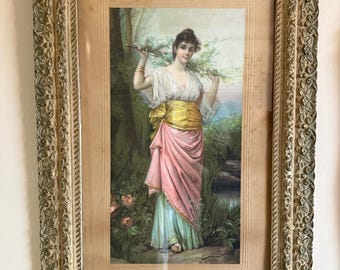 Antique Victorian Woman Paint on Plaque Framed Antique Victorian Framed Print Romantic Woman Flowers Ornate 19th Century Artwork Wall Decor