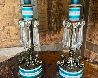Antique Brass Cherub Candle Holders Crystal Prism Accents Porcelain Base Floral Band French Rococo Style Pair Romantic Shabby Chic Decor