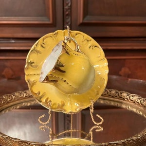 Vintage Yellow Ornate Porcelain Teacup Set Japanese Rococo Baroque Style Embossed Design Collectible Display Piece Japan Marked Elegant