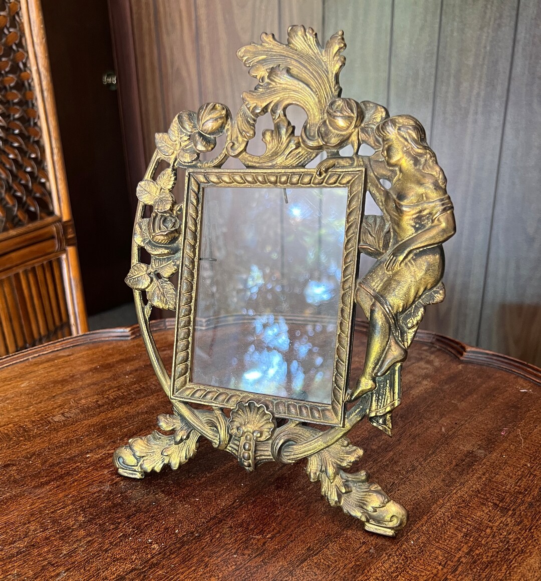 Antique Art Nouveau Brass Picture Frame Ornate Standing Lady Floral ...