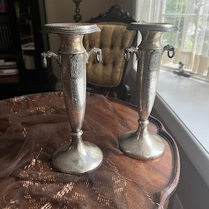 Antique Art Nouveau Silverplate Candlestick Pair Ornate Column Design Lion Head Handles Decorative Candle Holder Home Decor Display Accent