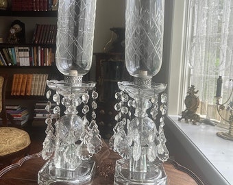 Pair of Large Cut Crystal Hurricane Lustre Mantle Lamps Drop Prisms