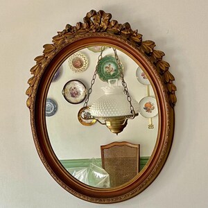 Antique French Rococo Oval Wood Gilt Vintage Oval Gold Gilt Wood Mirror with Ornate Leaf Ribbon Carvings, Elegant Wall Hanging Mirror