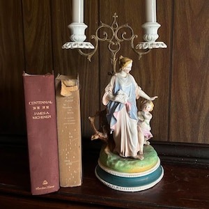 1900s Victorian Porcelain Figurine Girl with Cherub Candlesticks Candelabra