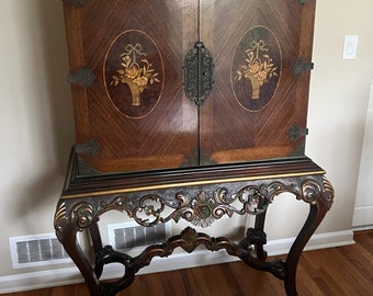 Antique Wood Cabinet Floral Inlay Ornate Carved Legs Baroque Style Storage Chest Vintage Accent Furniture Statement Piece Elegant Home Decor