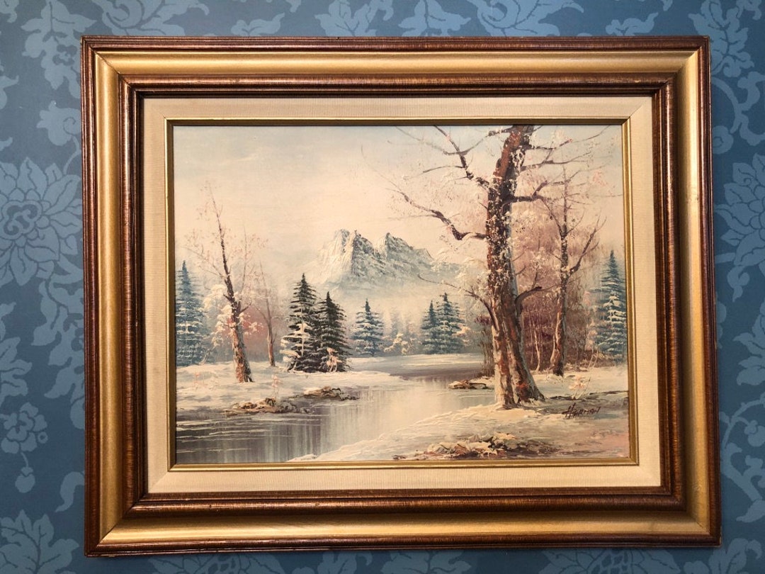 Vintage Oil Painting Winter Scene Snowy Art Landscape Wooden Framed ...