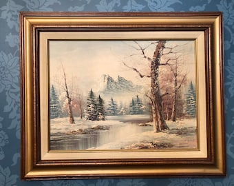 Vintage Oil Painting Winter Scene Snowy Art Landscape Wooden Framed Wall Art Gold / Brown Wood Frame Signed