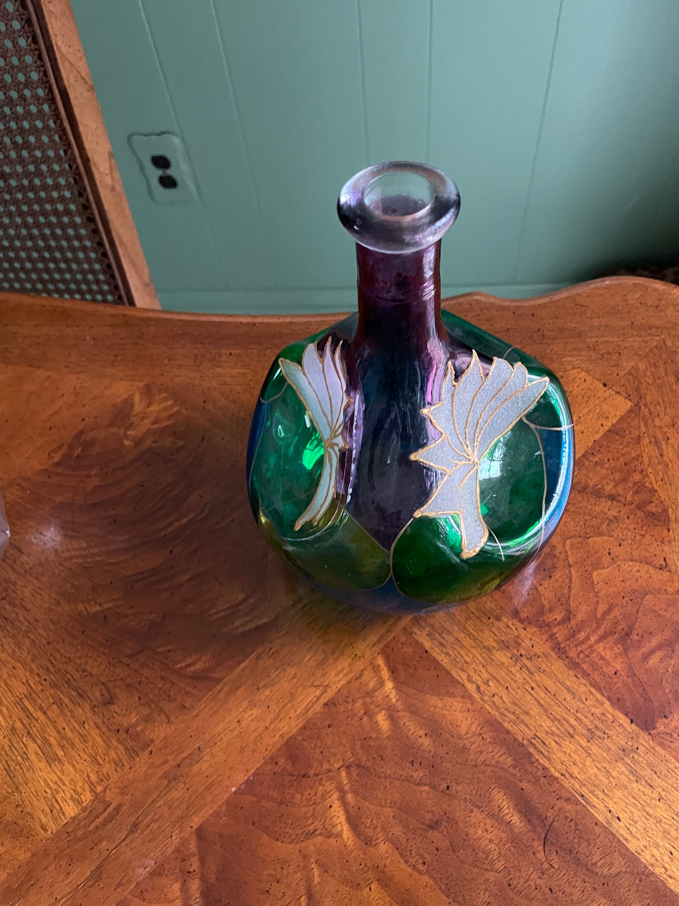 ヴィンテージ手吹きガラス花瓶 手描き花柄ゴールドディテール ミッド