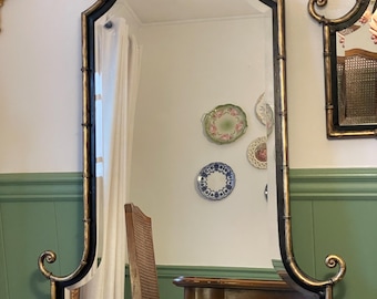 Vintage Horchow Bamboo Mirror , Black Gold Chinoiserie Wall Decor
