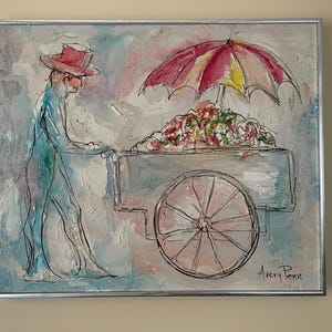 Vintage Mid Century strukturierte Malerei von Avery Penn mit Mann schieben Blumenwagen unter Regenschirm signierte gerahmte Wandkunst Leinwanddekor