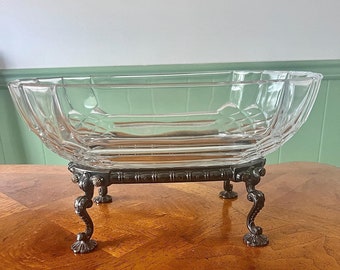1920's Art Deco Fluted Glass Dish, Unique Design Metal Base Crystal Dish
