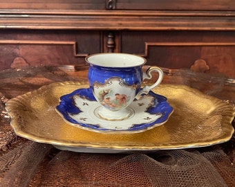 Antique Hand Painting Cobalt Blue Collectible  Porcelain  Coffee Cup & Saucer