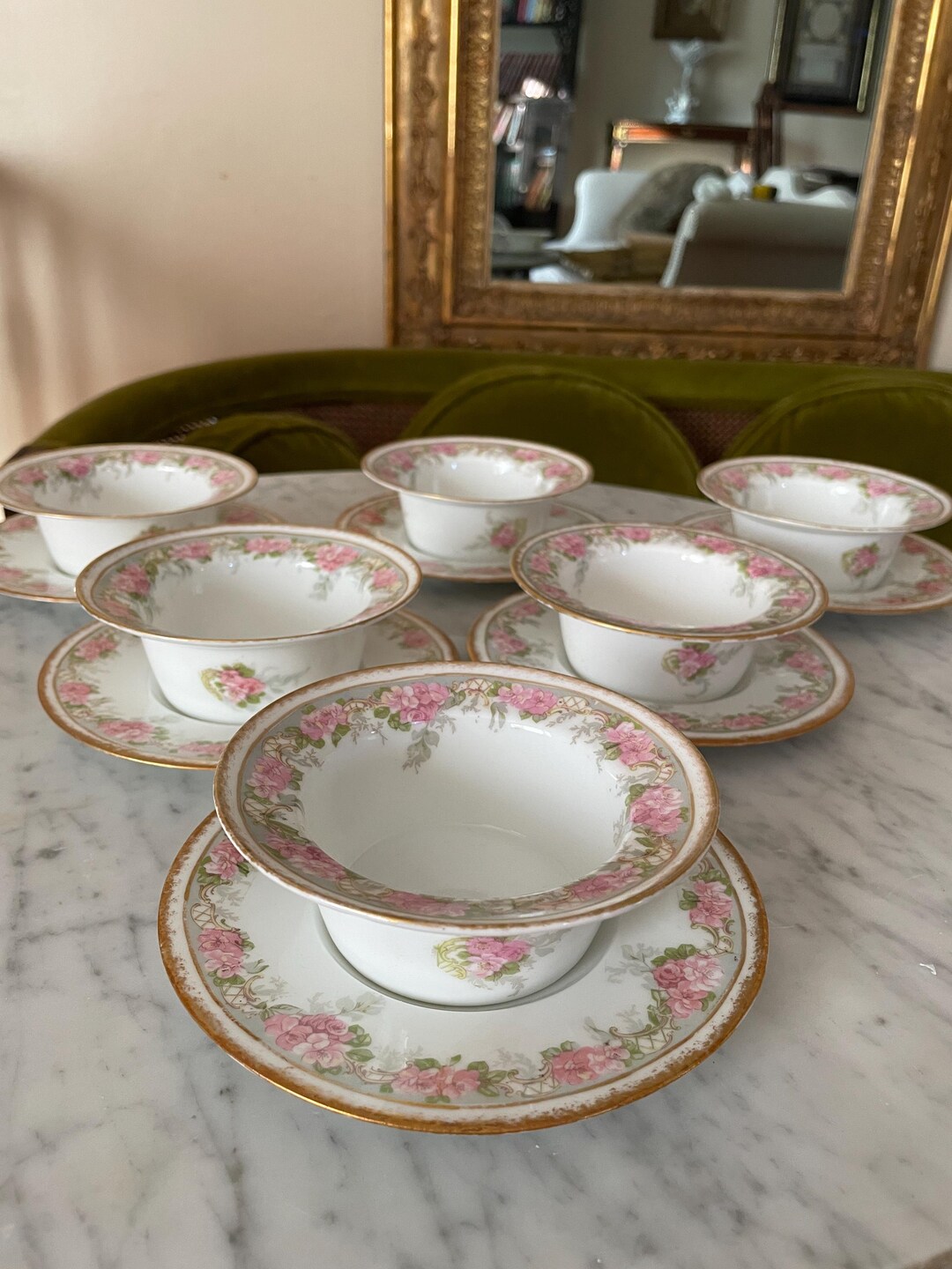 Gold Rim Ramekin Jean Pouyat Limoges Pink Roses Gold Ramekin & Saucers Set of 6 Vintage ...