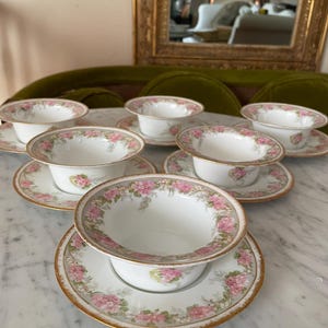 Jean Pouyat Limoges ピンクのバラ ゴールド ラメキン＆ソーサー 6個セット ヴィンテージ フローラル 磁器 スープボウル セット ゴールドリム エレガントな食器