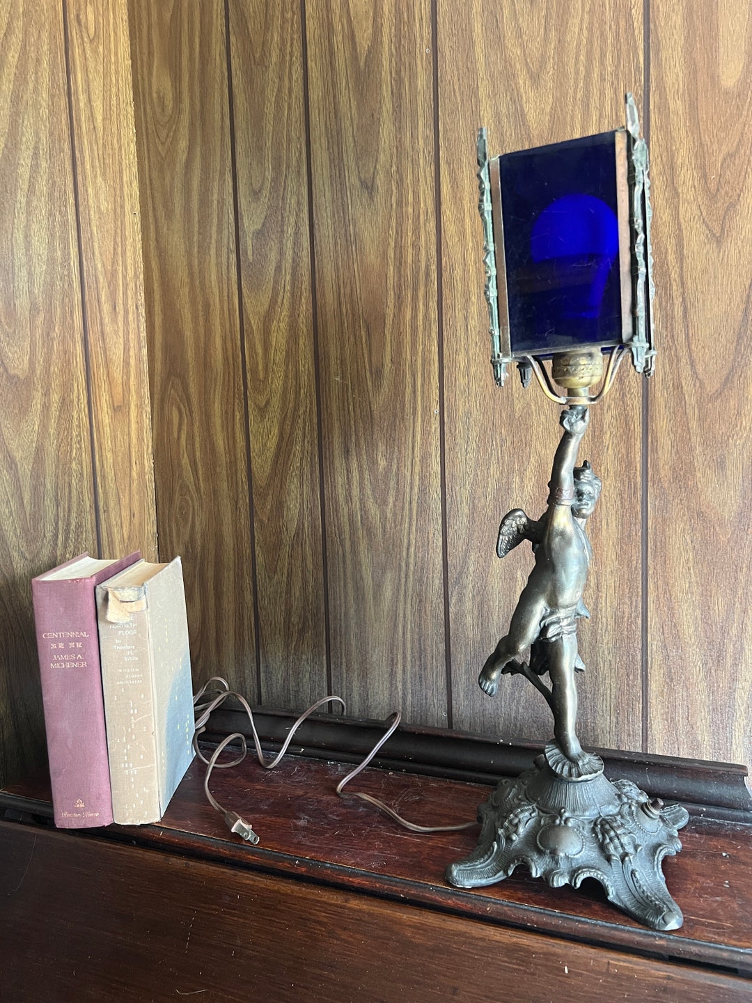 Antique Metal Art Deco Winged Cherub Table Light With Cobalt Blue Glass