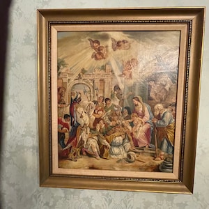 The Virgin Mary & Jesus Between Kings Old Print Picture Frame